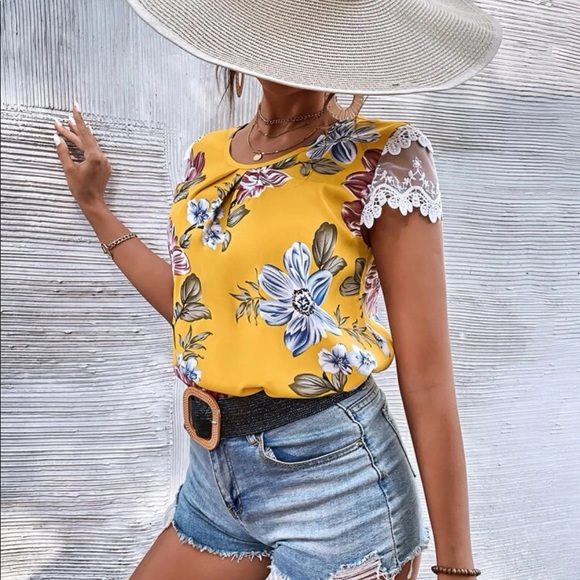 Boho floral print lace trim  blouse - Picture 4 of 6
